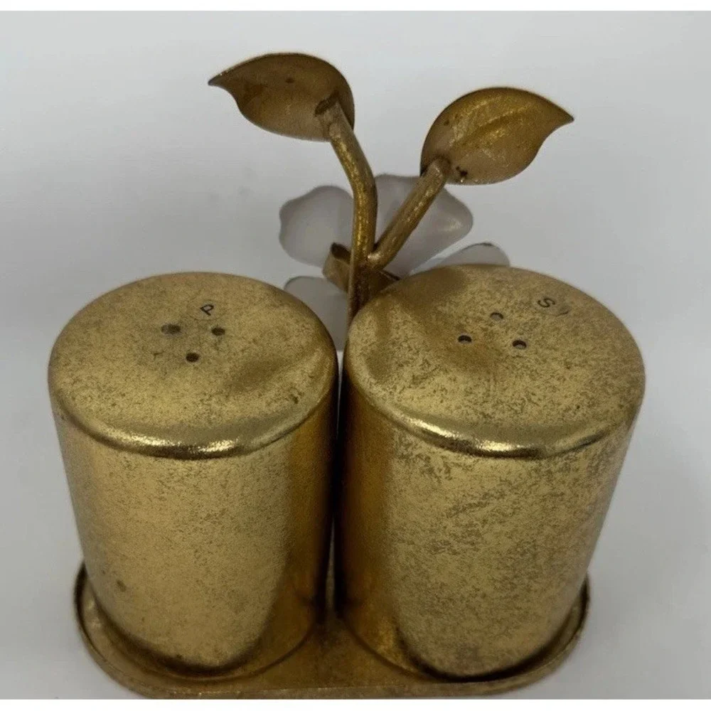 Pier 1 Imports Gold Floral Salt and Pepper Shaker Set White Flower